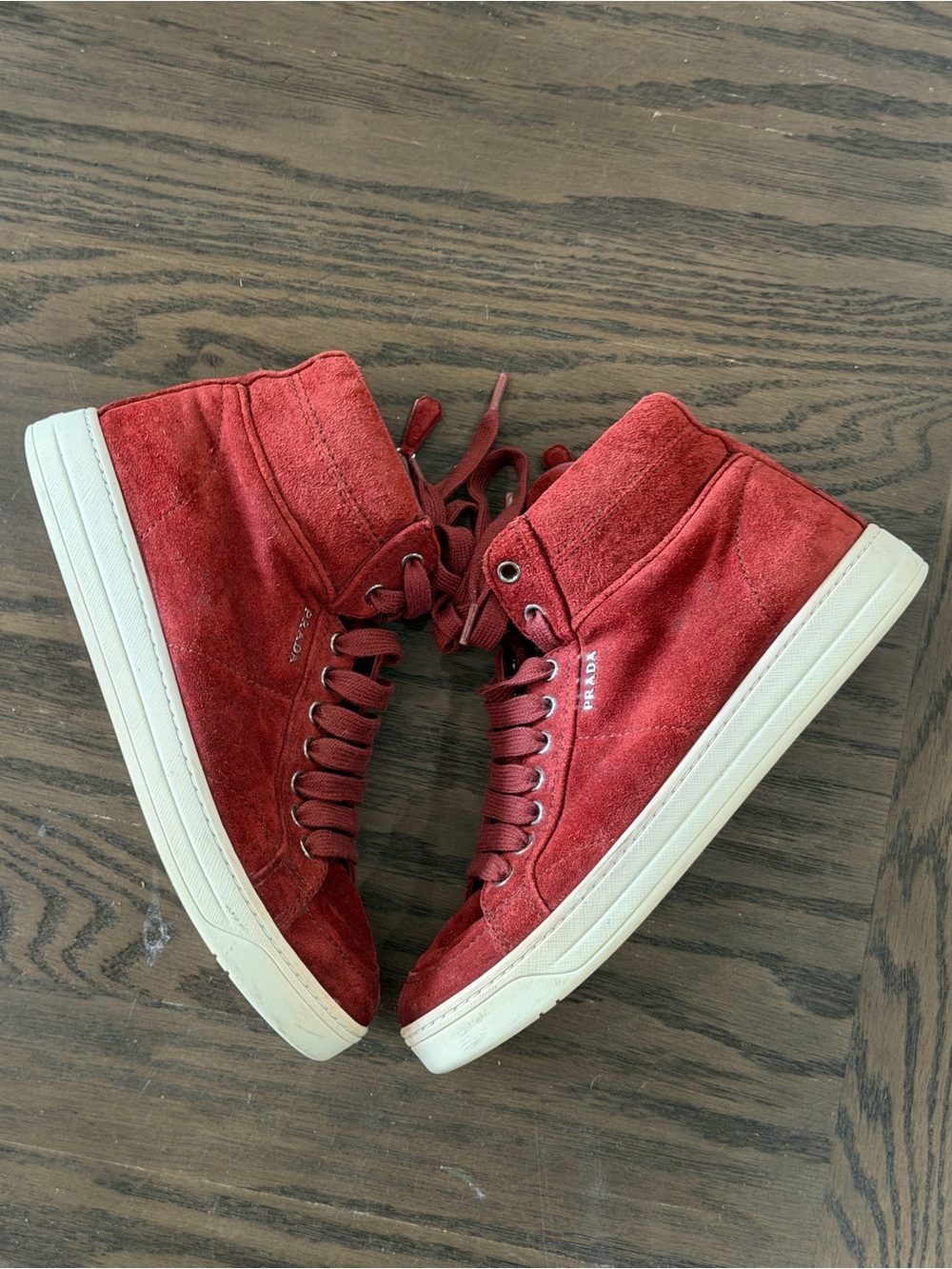 Authentic Prada Red Suede High-Top Sneakers Women, Sz 37